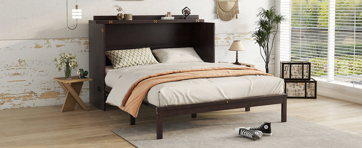 Queen Size Murphy Bed, Pine Wood Cabinet Bed with Power Station and Rattan Decoration Panel,Espresso