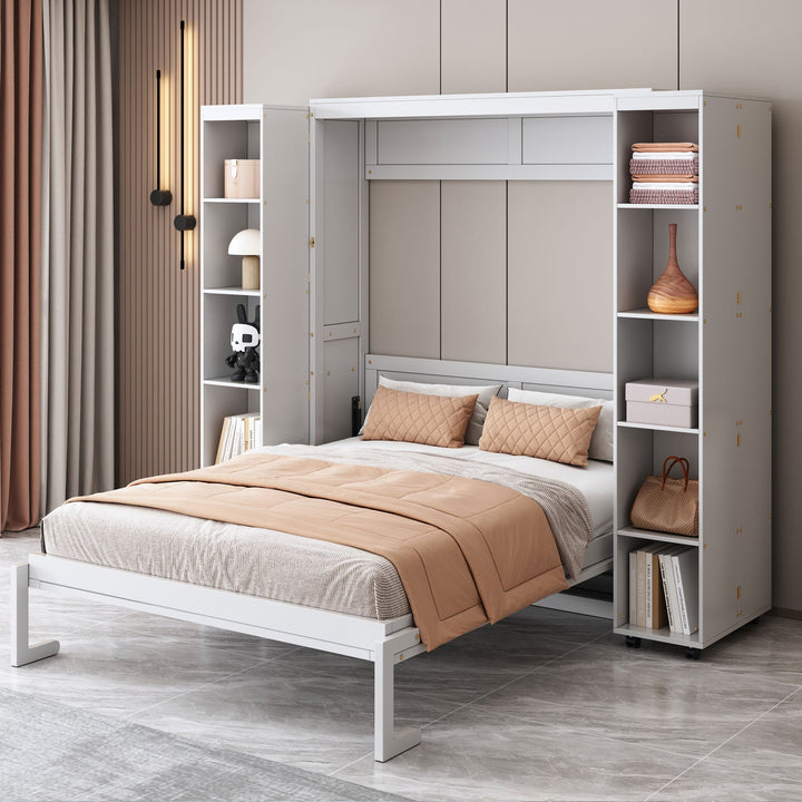 Queen Murphy Bed Wall Bed with Storage Doors, White