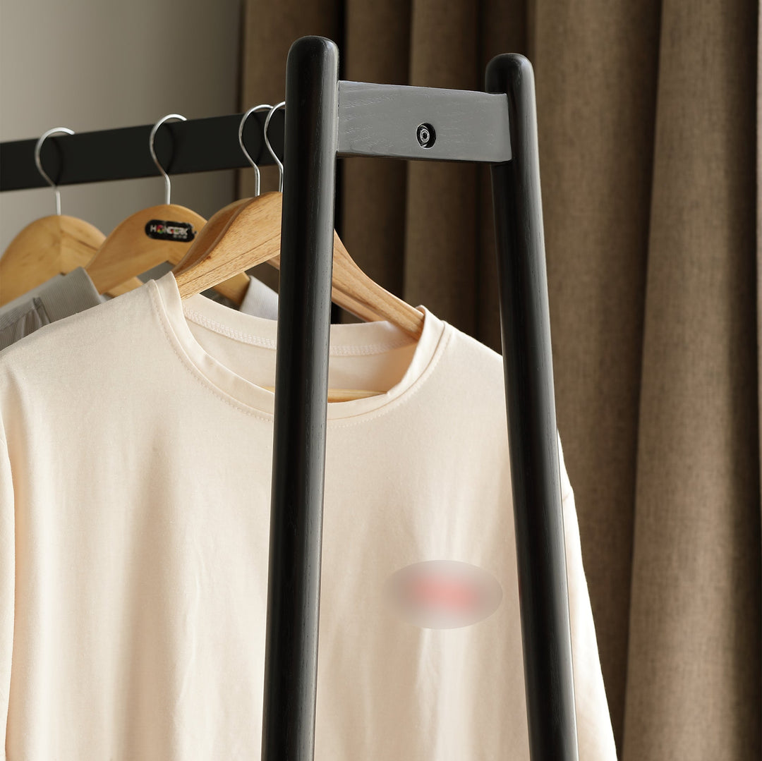 Streamdale Furniture (Black) Solid Oak Wood Clothes Rack, Black Rattan Hanger Rack-clothes Rack with Shelves, Cloth Hanger Standing Garment Racks for Hanging Clothes W1283P298205
