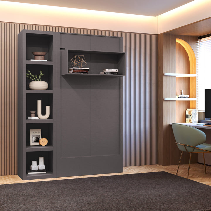 Easy-Lift Twin Murphy Wall Bed in Dark Grey with Bookshelf