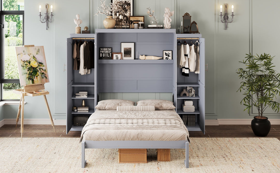 Full Size Murphy Bed, Wooden Full Wall Bed with 2 Wardrobe and Storage Shelf, Multifunctional Foldable Platform Bedframe for Guest-Room, Bedroom, Gray