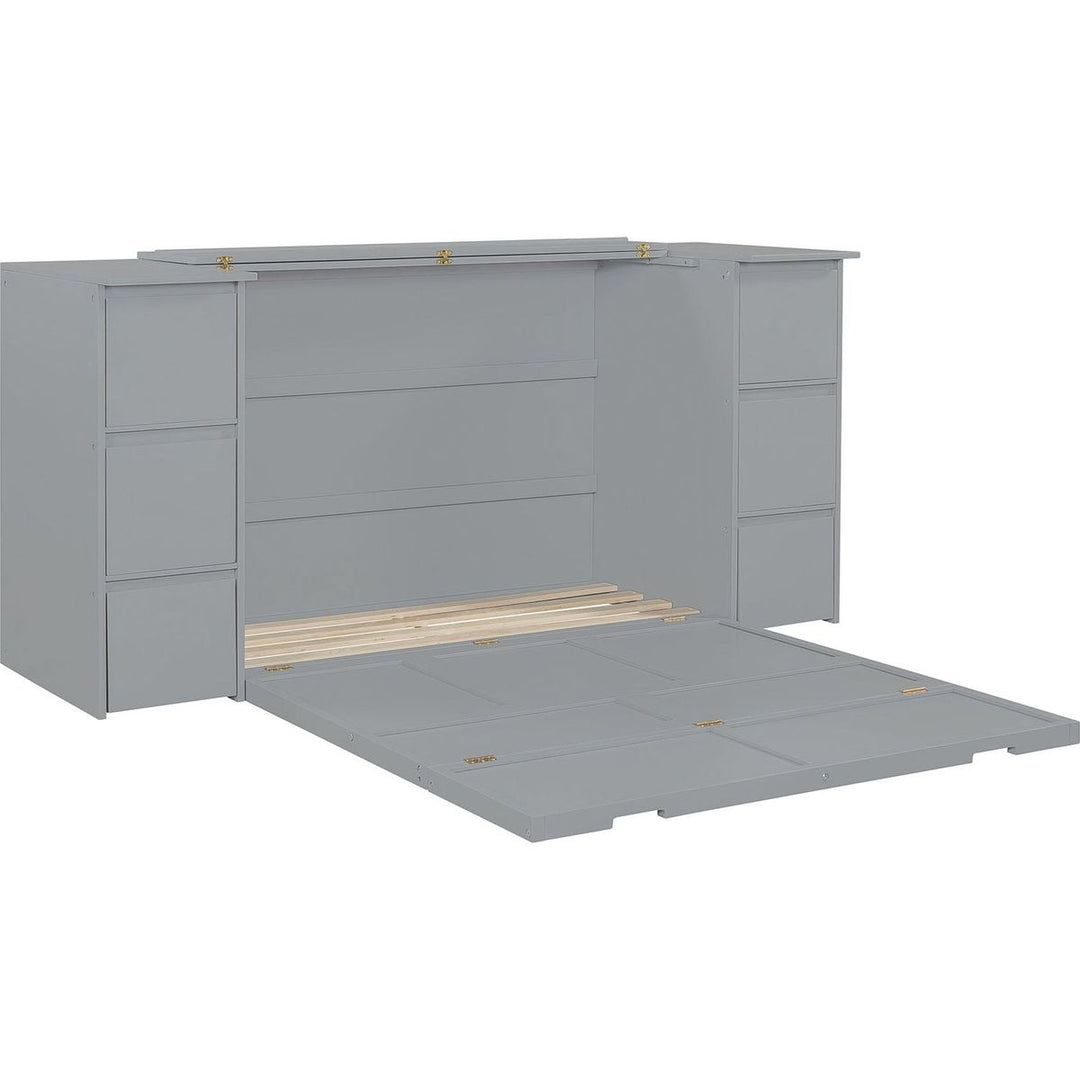 Full Size Murphy Bed with Drawers, Cabinets and USB Ports,Gray