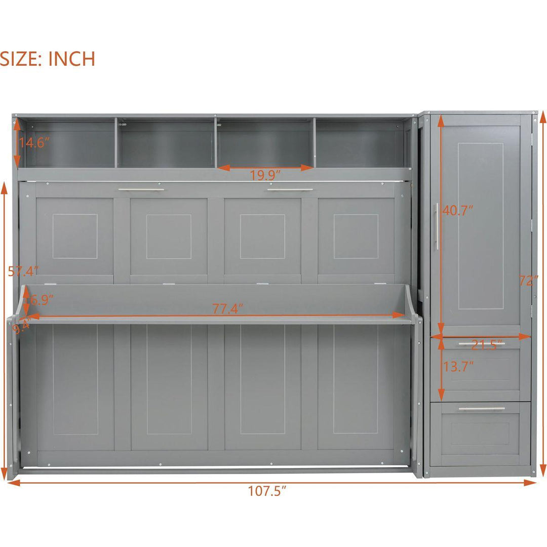 Full Size Murphy Bed Wall Bed with Closet and Drawers,Gray