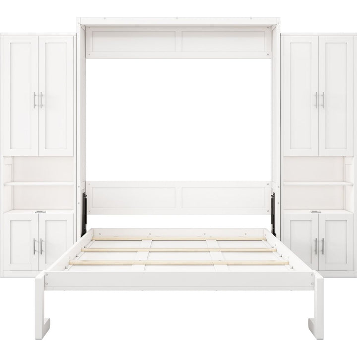 Full Size Murphy Bed with 2 Side Cabinet Storage Shelves, 61.5-inch Cabinet Bed Folding Wall Bed with Desk Combo Perfect for Guest Room, Study, Office,White(old sku:BS7013008109C)