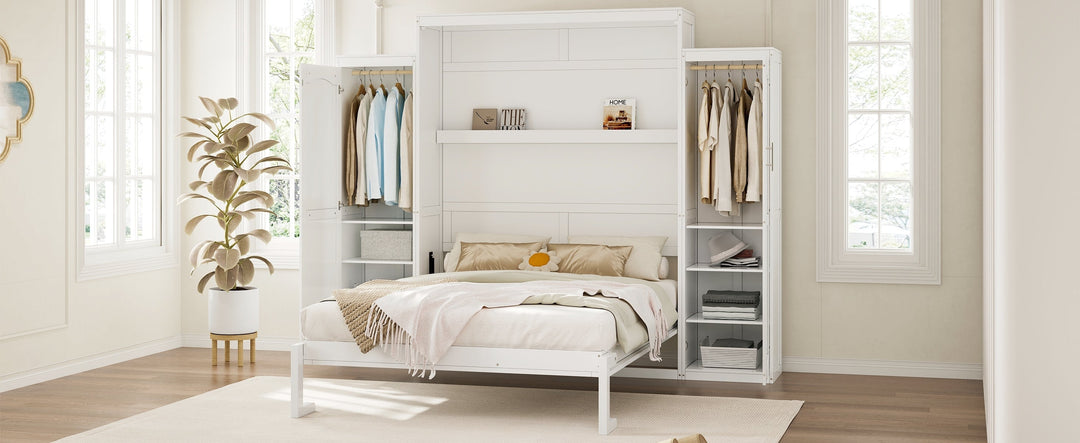 Queen Size Murphy Bed with 2 Wardrobe and Storage Shelf, Multifunctional Foldable Platform Bedframe for Guest-Room, Bedroom, White
