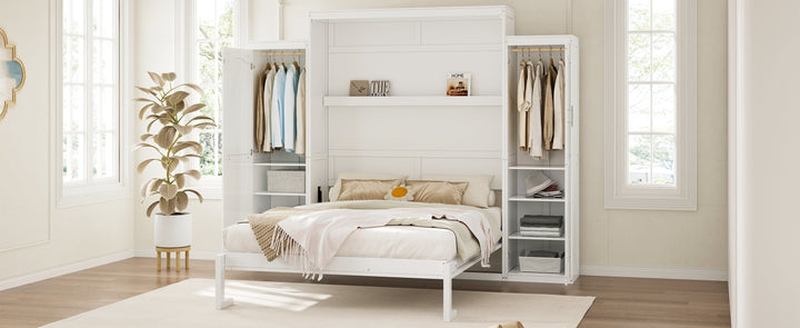 Queen Size Murphy Bed with 2 Wardrobe and Storage Shelf, Multifunctional Foldable Platform Bedframe for Guest-Room, Bedroom, White