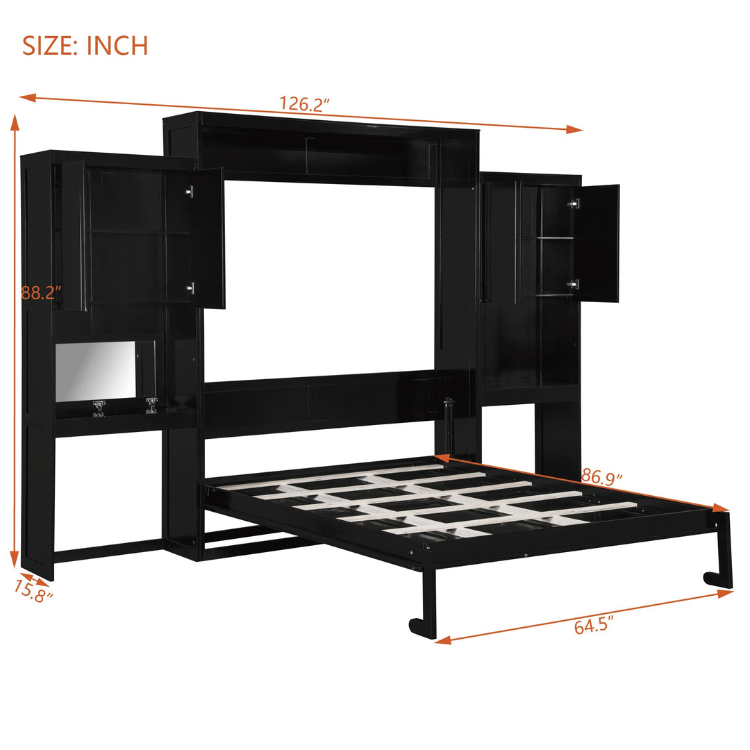 Queen Size Murphy Bed with Desk, Vanity and Cabinets, Espresso