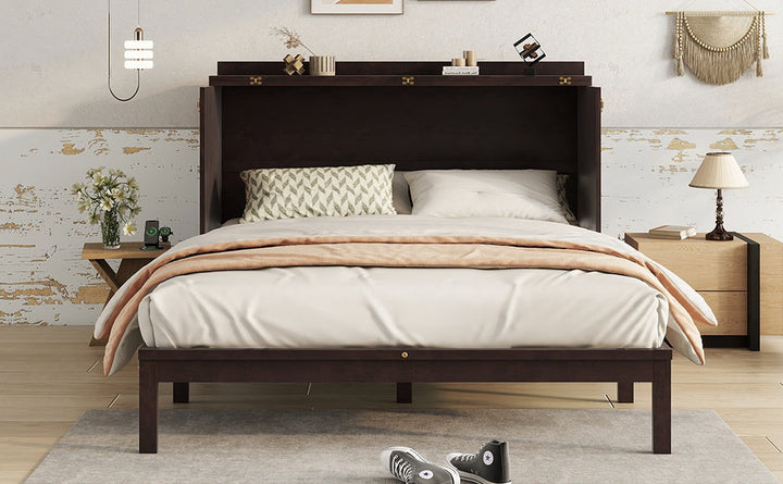 Queen Size Murphy Bed, Pine Wood Cabinet Bed with Power Station and Rattan Decoration Panel,Espresso