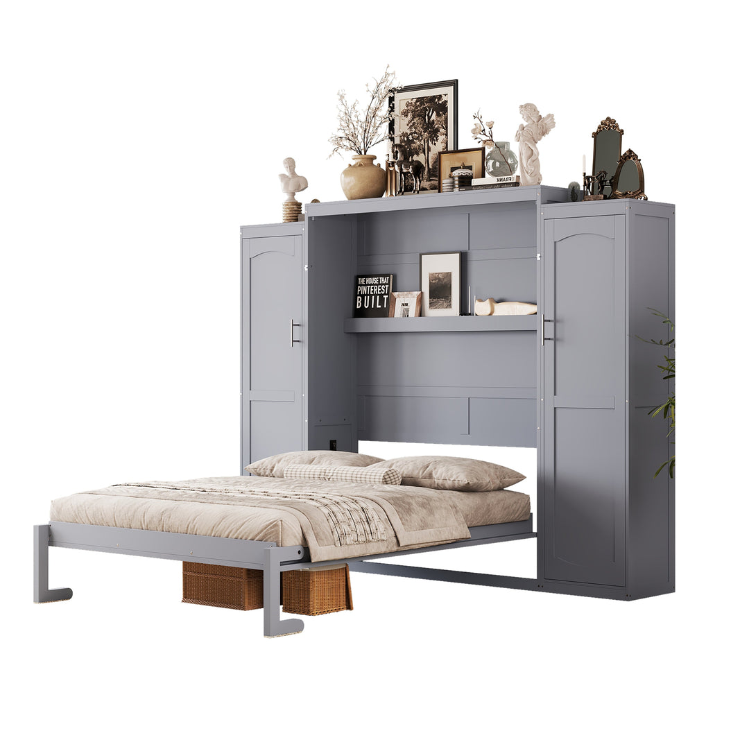 Full Size Murphy Bed, Wooden Full Wall Bed with 2 Wardrobe and Storage Shelf, Multifunctional Foldable Platform Bedframe for Guest-Room, Bedroom, Gray