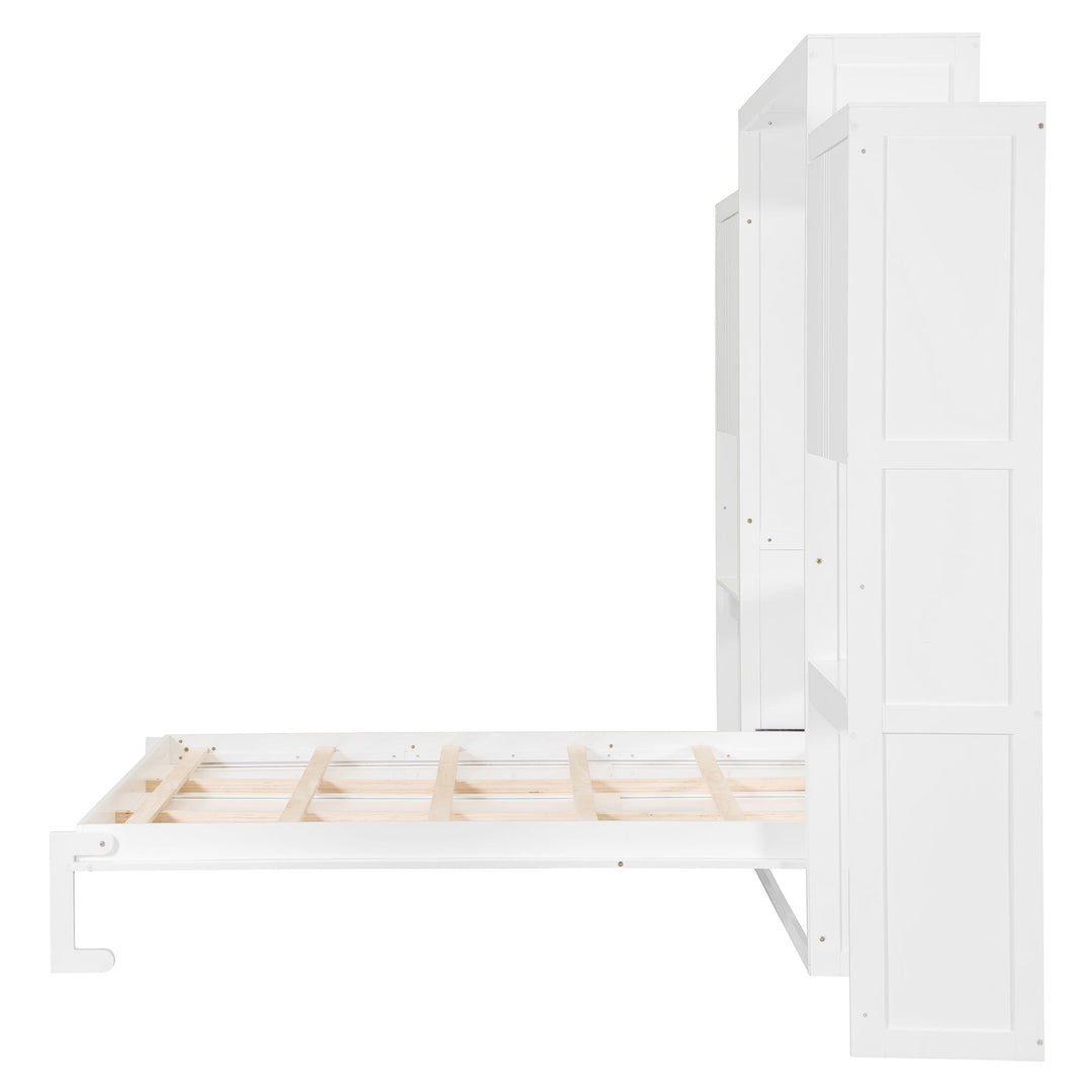 Queen Size Murphy Bed with Desk, Vanity and Cabinets, White