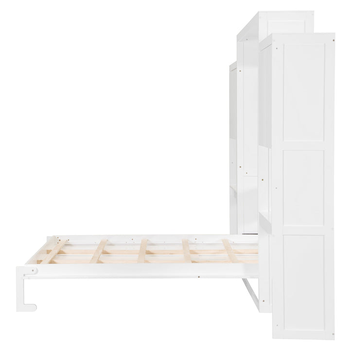 Queen Size Murphy Bed with Desk, Vanity and Cabinets, White
