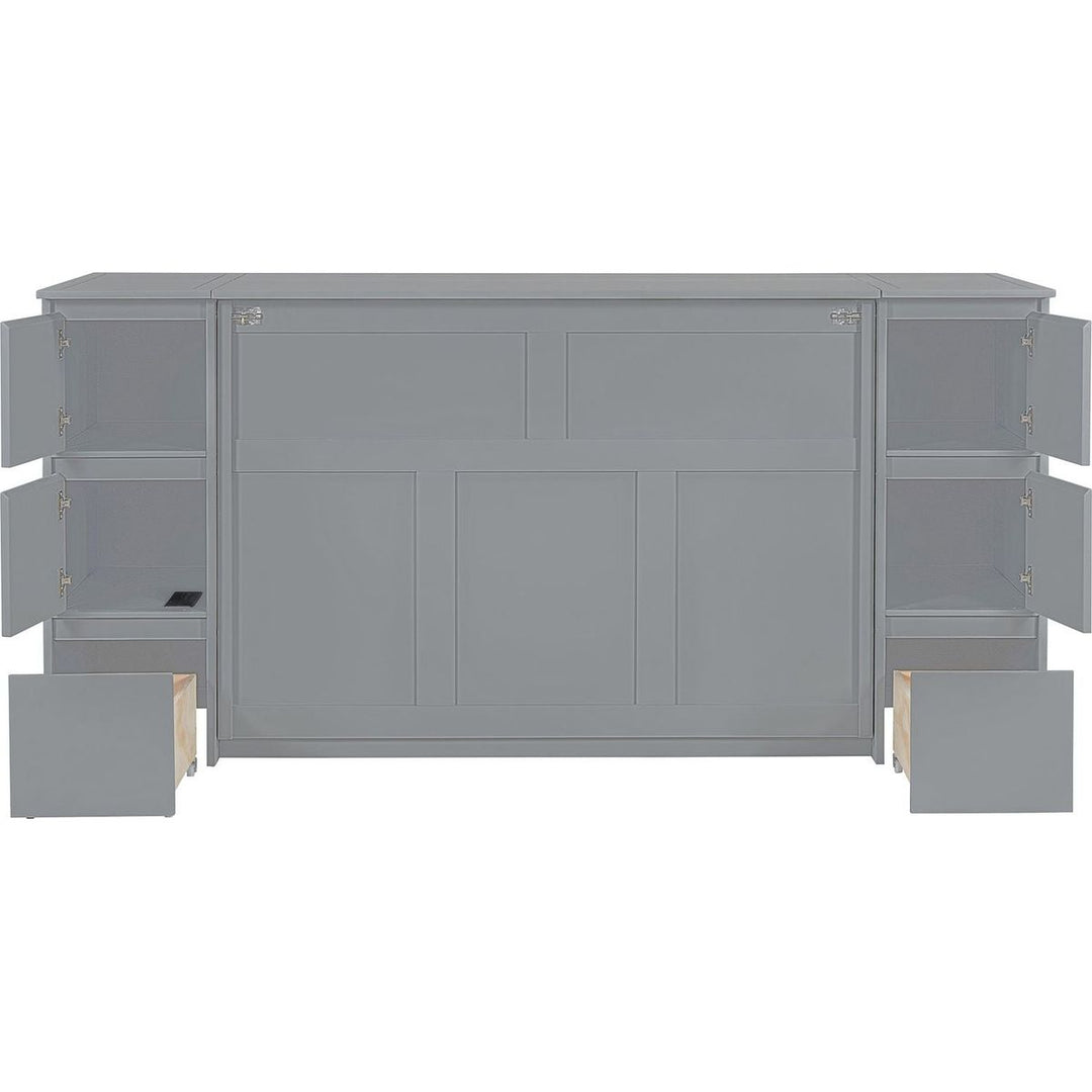 Full Size Murphy Bed with Drawers, Cabinets and USB Ports,Gray