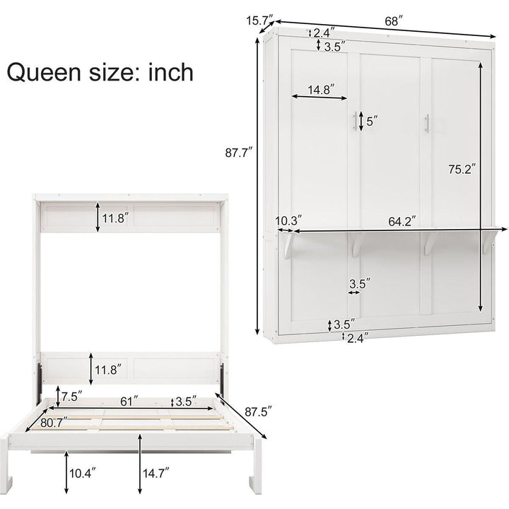 Queen Size Murphy Bed with 2 Side Cabinet Storage Shelves, 68-inch Cabinet Bed Folding Wall Bed with Desk Combo Perfect for Guest Room, Study, Office,White(old sku:BS7013008104C)