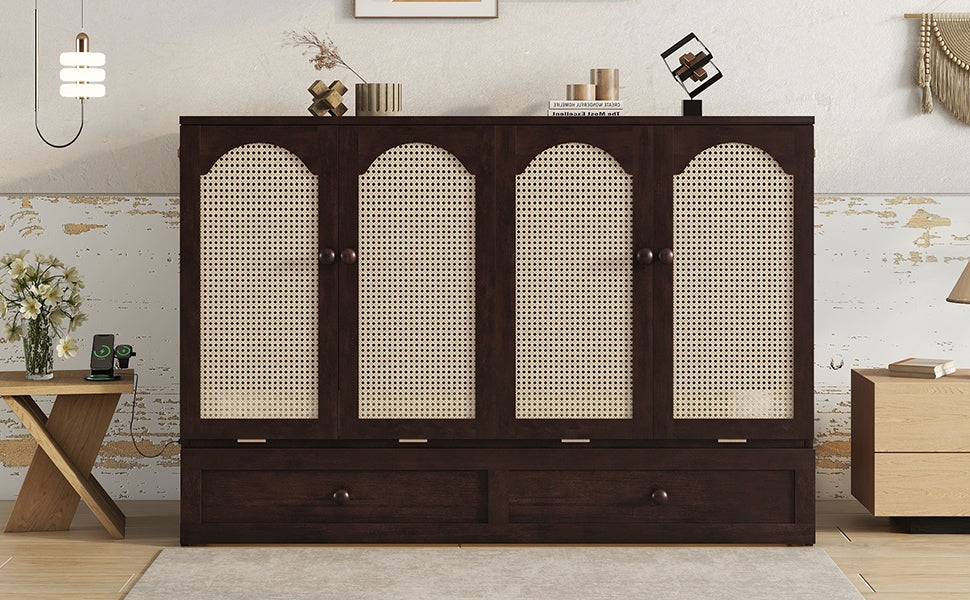 Queen Size Murphy Bed, Pine Wood Cabinet Bed with Power Station and Rattan Decoration Panel,Espresso