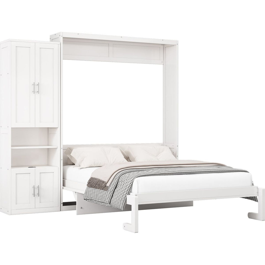 Full Size Murphy Bed with 1 Side Cabinet Storage Shelf, 61.5-inch Cabinet Bed Folding Wall Bed with Desk Combo Perfect for Guest Room,Study, Office,White(old sku:BS7012008109C)