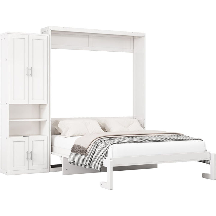 Full Size Murphy Bed with 1 Side Cabinet Storage Shelf, 61.5-inch Cabinet Bed Folding Wall Bed with Desk Combo Perfect for Guest Room,Study, Office,White(old sku:BS7012008109C)