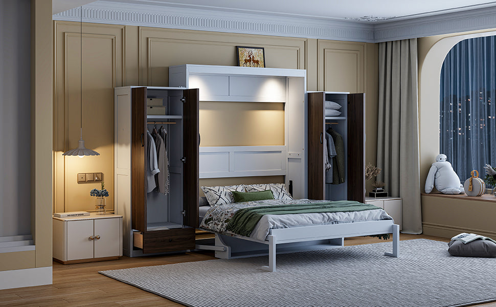 Full Size Murphy Bed Wall Bed with Closet ,Drawers and Table,White