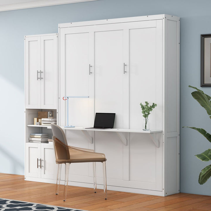 Full Size Murphy Bed with 1 Side Cabinet Storage Shelf, 61.5-inch Cabinet Bed Folding Wall Bed with Desk Combo Perfect for Guest Room,Study, Office,White(old sku:BS7012008109C)