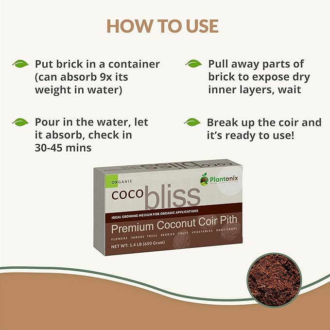 Plantonix Coco Bliss Brick - 650 g Coco Coir / Pith Premium Organic Coir Growing Media Peat Alternative