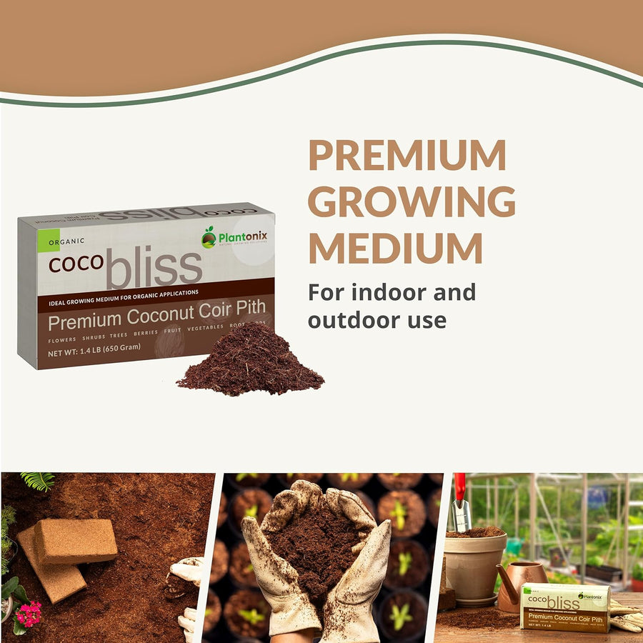 Plantonix Coco Bliss Brick - 650 g Coco Coir / Pith Premium Organic Coir Growing Media Peat Alternative