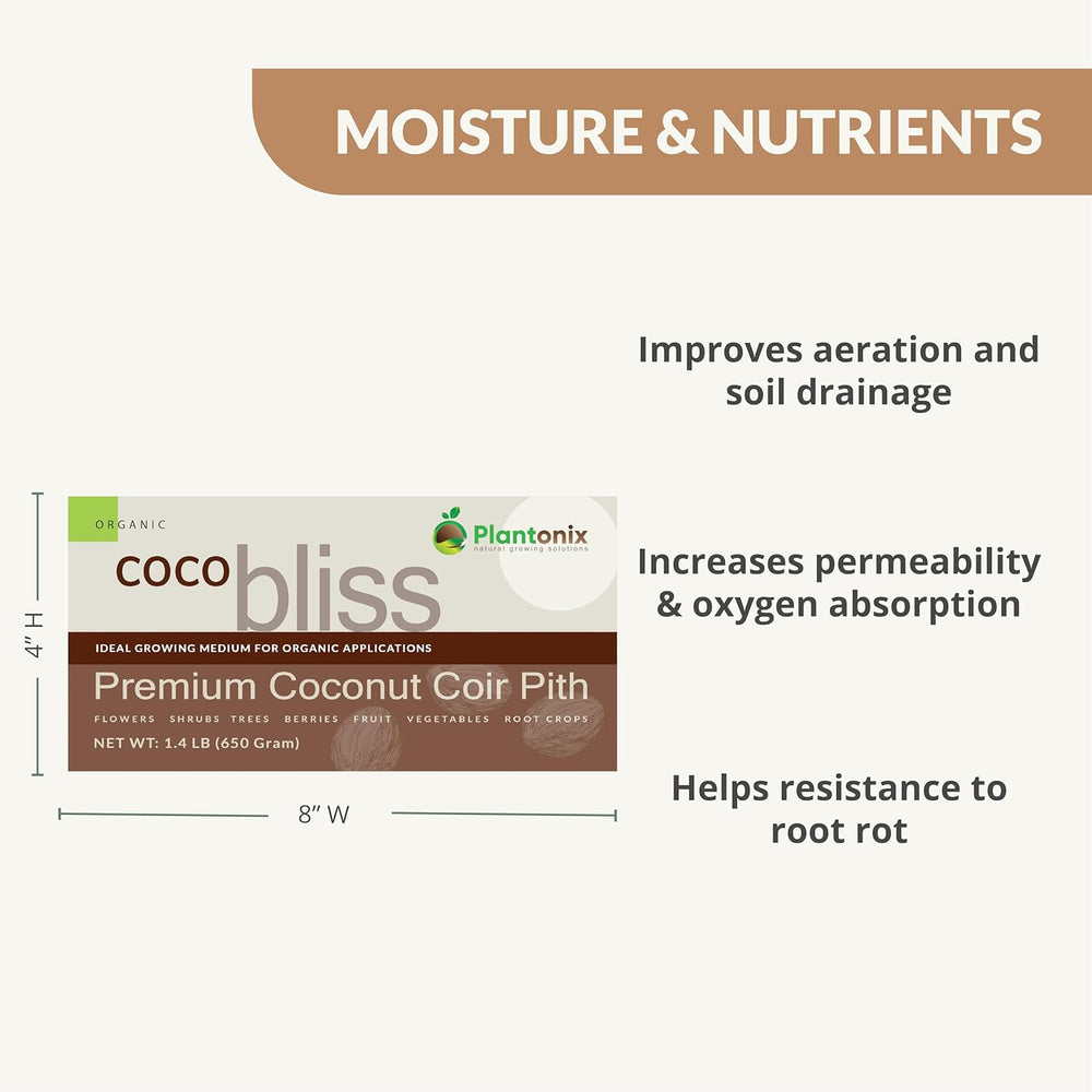 Plantonix Coco Bliss Brick - 650 g Coco Coir / Pith Premium Organic Coir Growing Media Peat Alternative