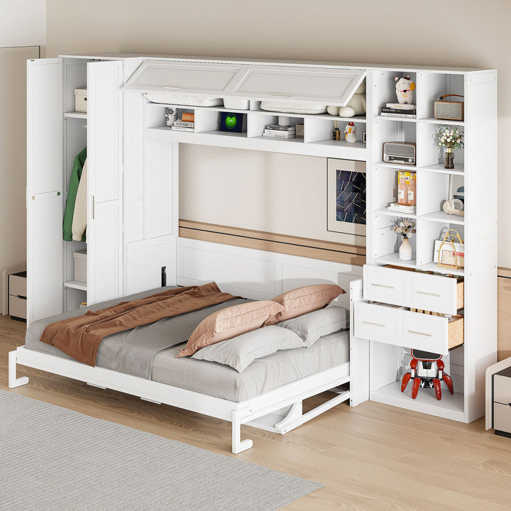 Queen Size Murphy Bed Wall Bed with Closet , Drawers and Shelves, White