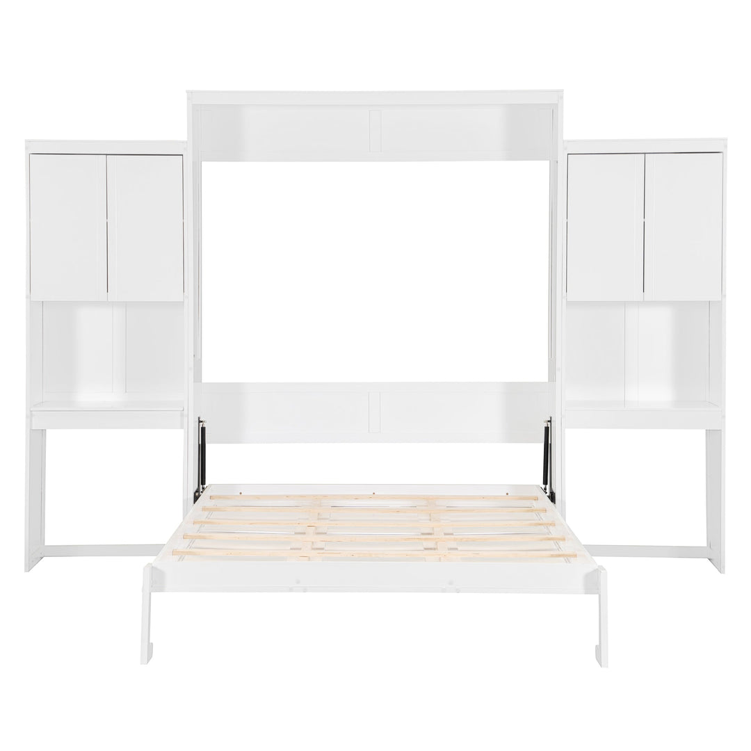 Queen Size Murphy Bed with Desk, Vanity and Cabinets, White