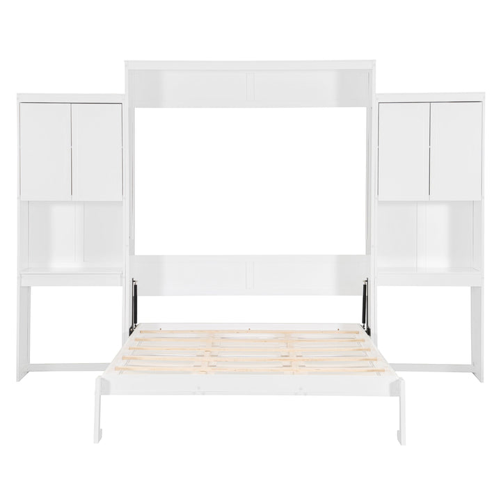 Queen Size Murphy Bed with Desk, Vanity and Cabinets, White