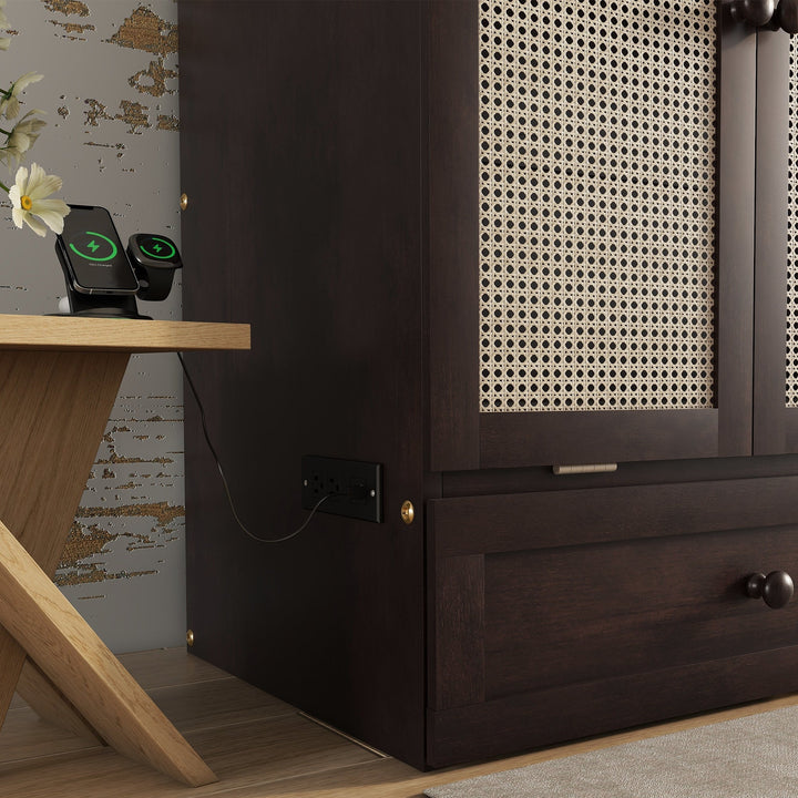 Queen Size Murphy Bed, Pine Wood Cabinet Bed with Power Station and Rattan Decoration Panel,Espresso