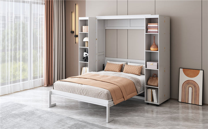 Queen Murphy Bed Wall Bed with Storage Doors, White