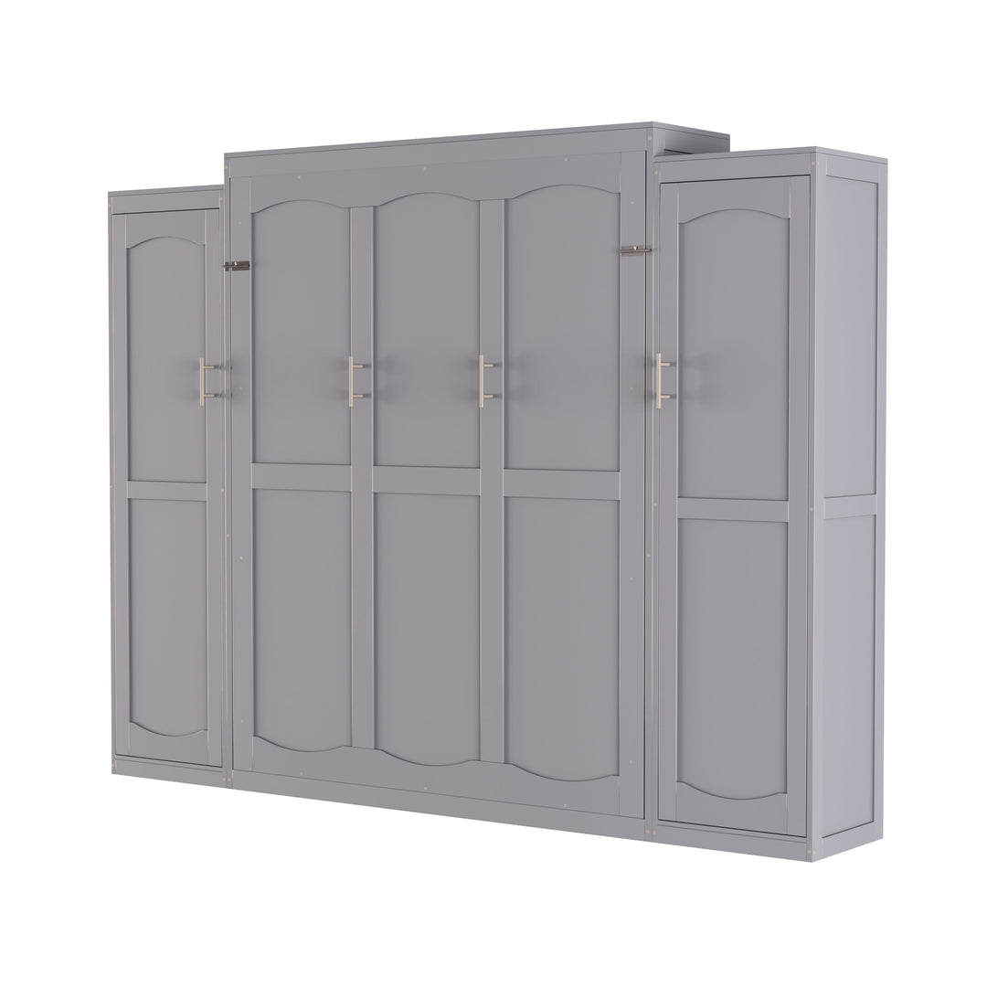 Full Size Murphy Bed, Wooden Full Wall Bed with 2 Wardrobe and Storage Shelf, Multifunctional Foldable Platform Bedframe for Guest-Room, Bedroom, Gray