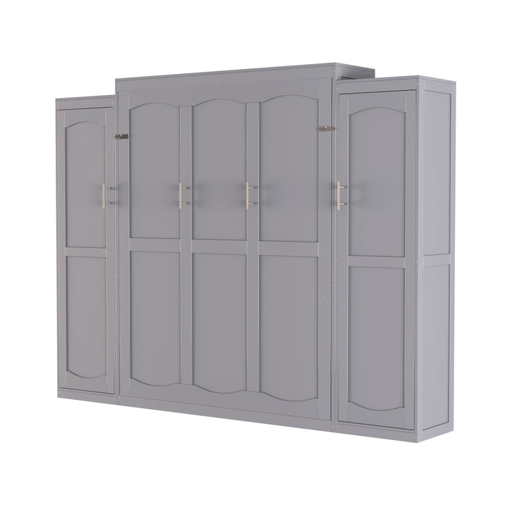 Full Size Murphy Bed, Wooden Full Wall Bed with 2 Wardrobe and Storage Shelf, Multifunctional Foldable Platform Bedframe for Guest-Room, Bedroom, Gray