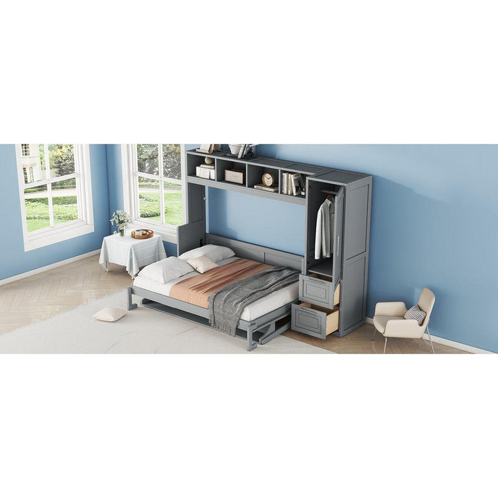 Full Size Murphy Bed Wall Bed with Closet and Drawers,Gray