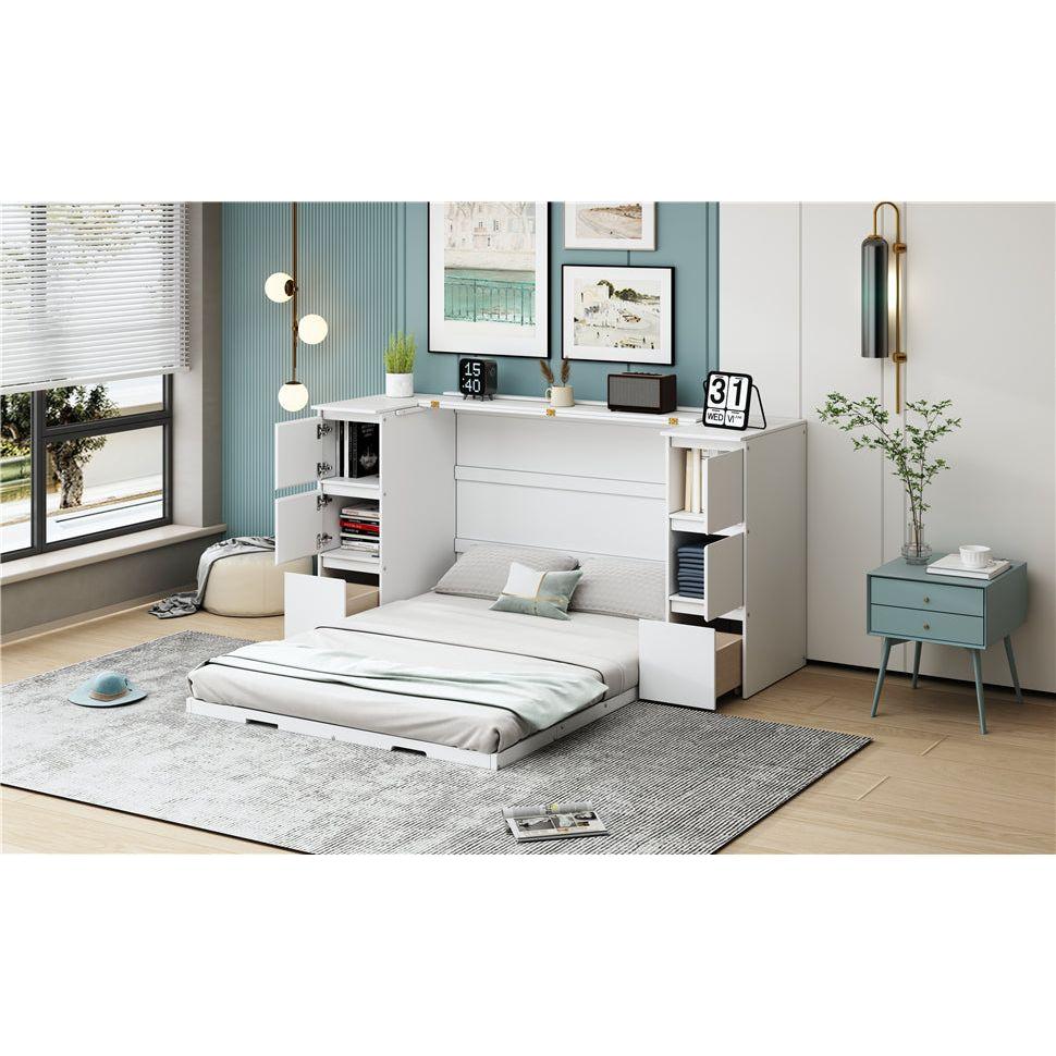 Full Size Murphy Bed with Drawers, Cabinets and USB Ports,White