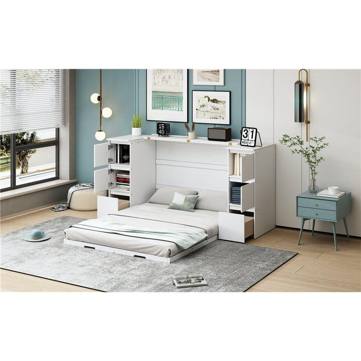 Full Size Murphy Bed with Drawers, Cabinets and USB Ports,White