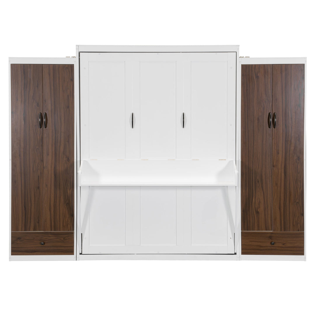 Queen Size Murphy Bed Wall Bed with Closet ,Drawers and Table,White
