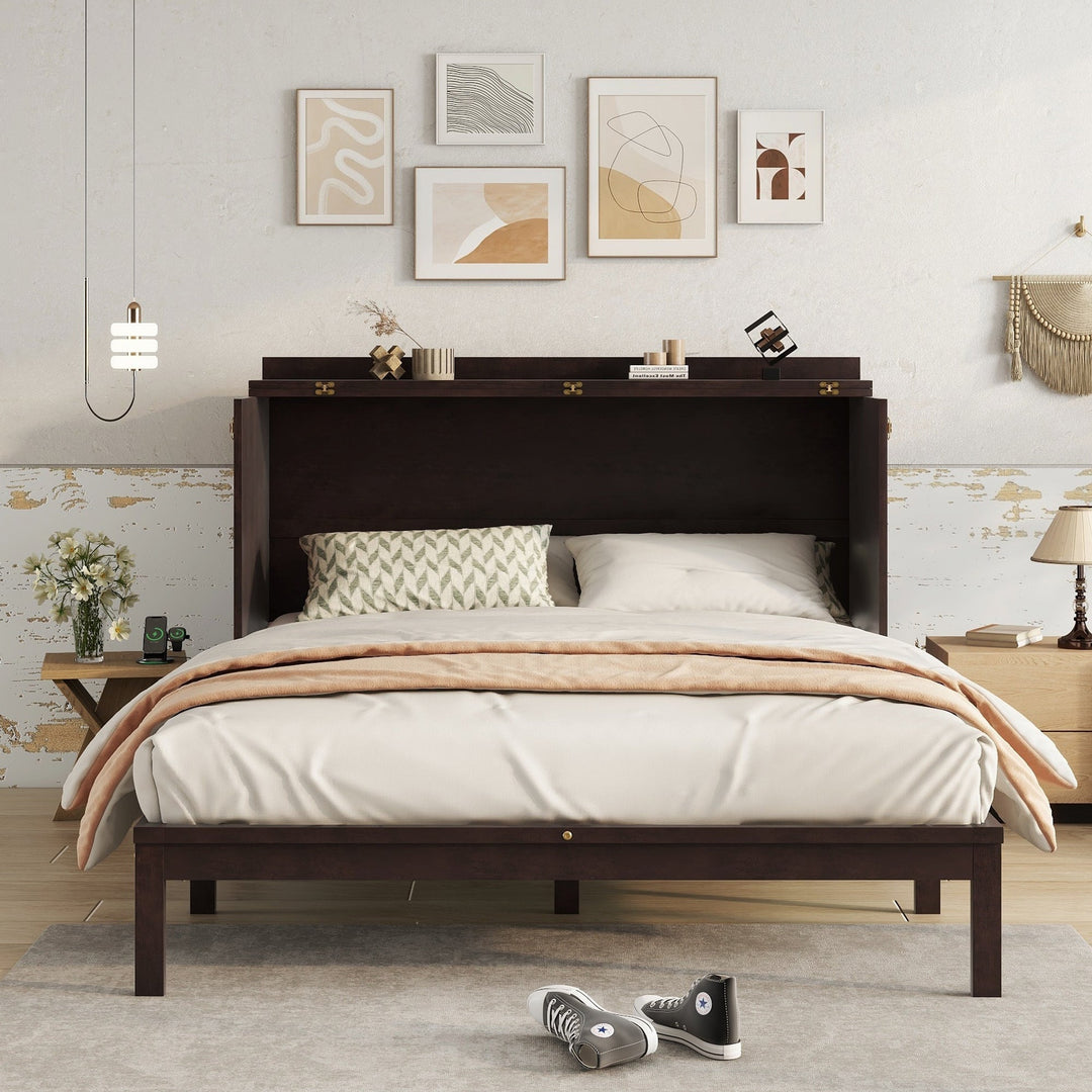Queen Size Murphy Bed, Pine Wood Cabinet Bed with Power Station and Rattan Decoration Panel,Espresso