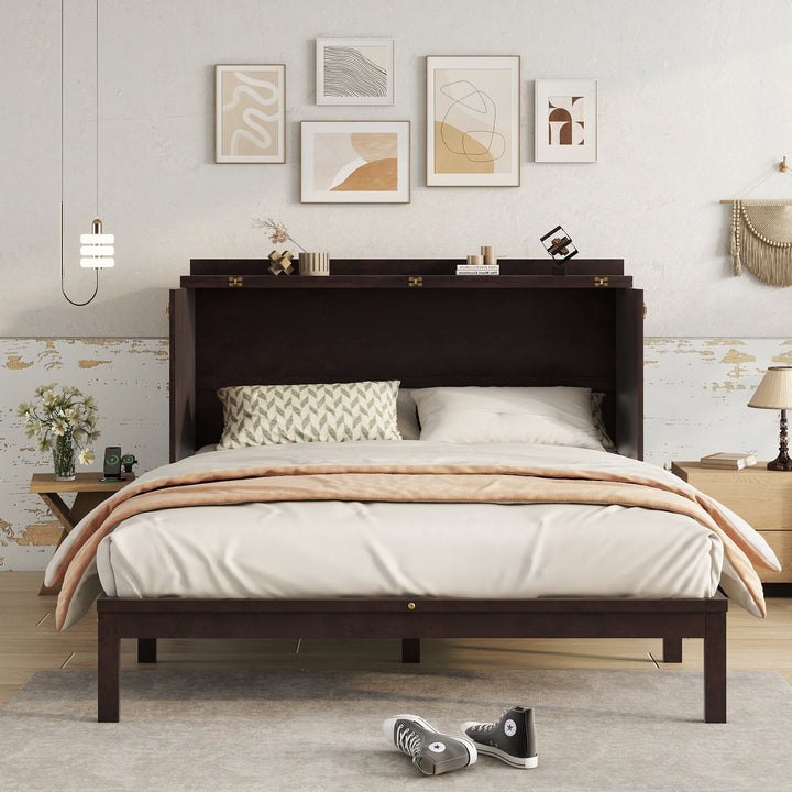 Queen Size Murphy Bed, Pine Wood Cabinet Bed with Power Station and Rattan Decoration Panel,Espresso