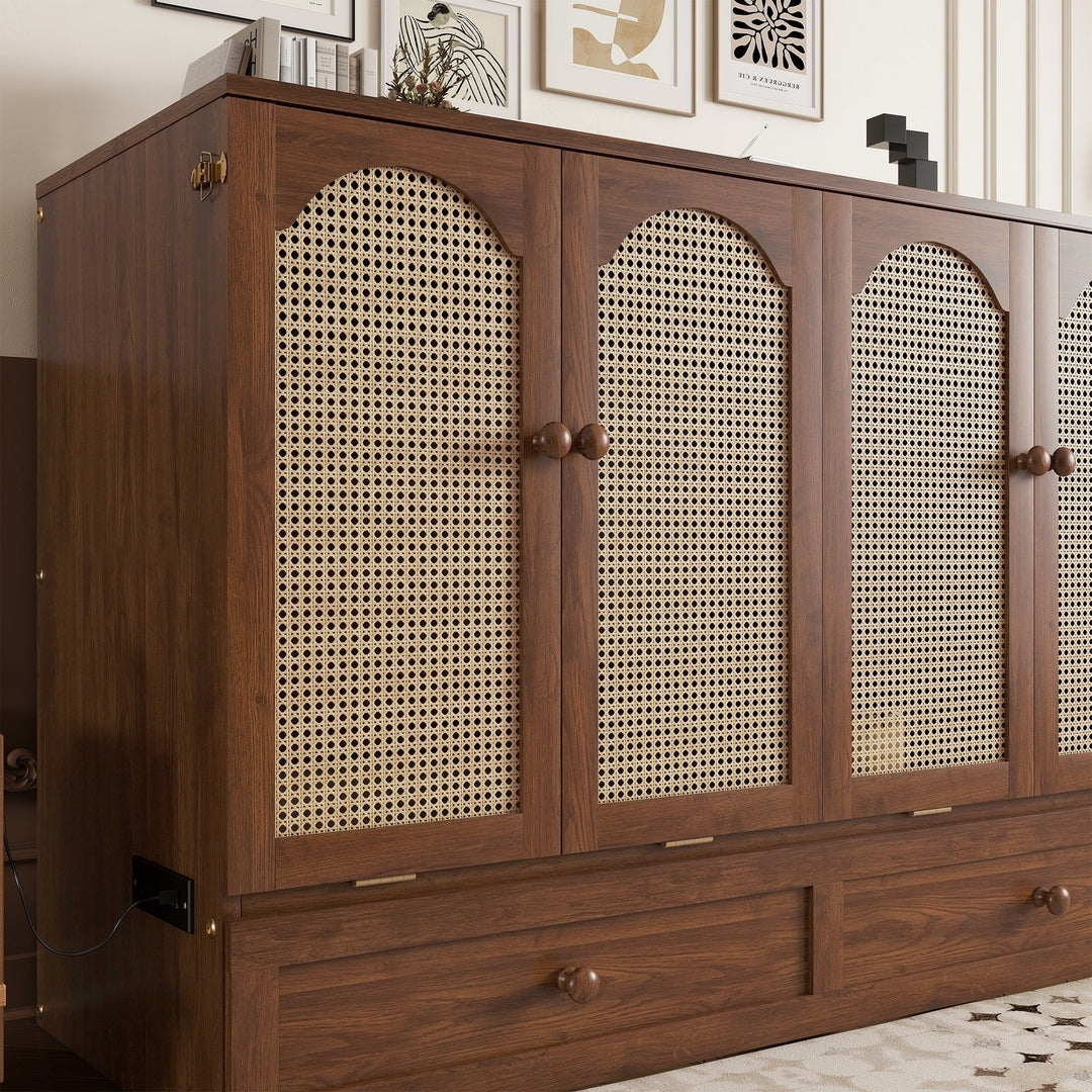 Queen Size Murphy Bed, Pine Wood Cabinet Bed with Power Station and Rattan Decoration Panel,Walnut