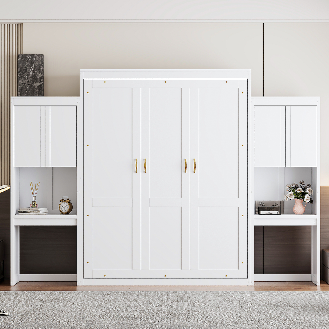 Queen Size Murphy Bed with Desk, Vanity and Cabinets, White