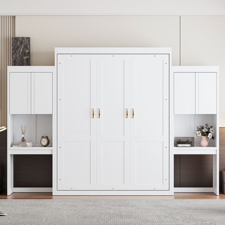 Queen Size Murphy Bed with Desk, Vanity and Cabinets, White