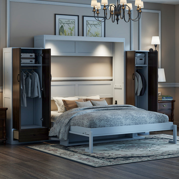 Queen Size Murphy Bed Wall Bed with Closet ,Drawers and Table,White