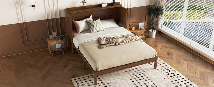 Queen Size Murphy Bed, Pine Wood Cabinet Bed with Power Station and Rattan Decoration Panel,Walnut
