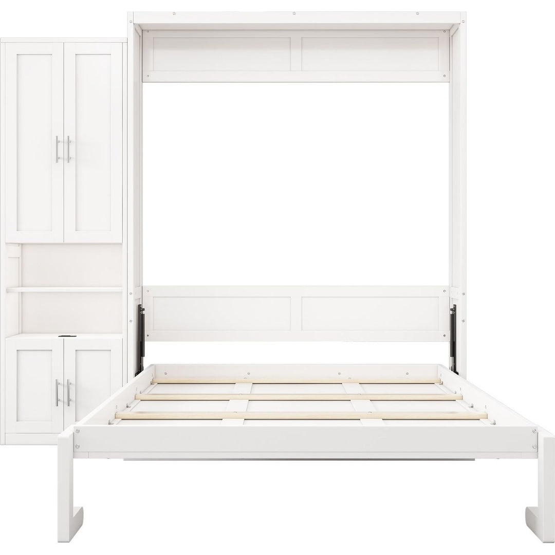 Full Size Murphy Bed with 1 Side Cabinet Storage Shelf, 61.5-inch Cabinet Bed Folding Wall Bed with Desk Combo Perfect for Guest Room,Study, Office,White(old sku:BS7012008109C)
