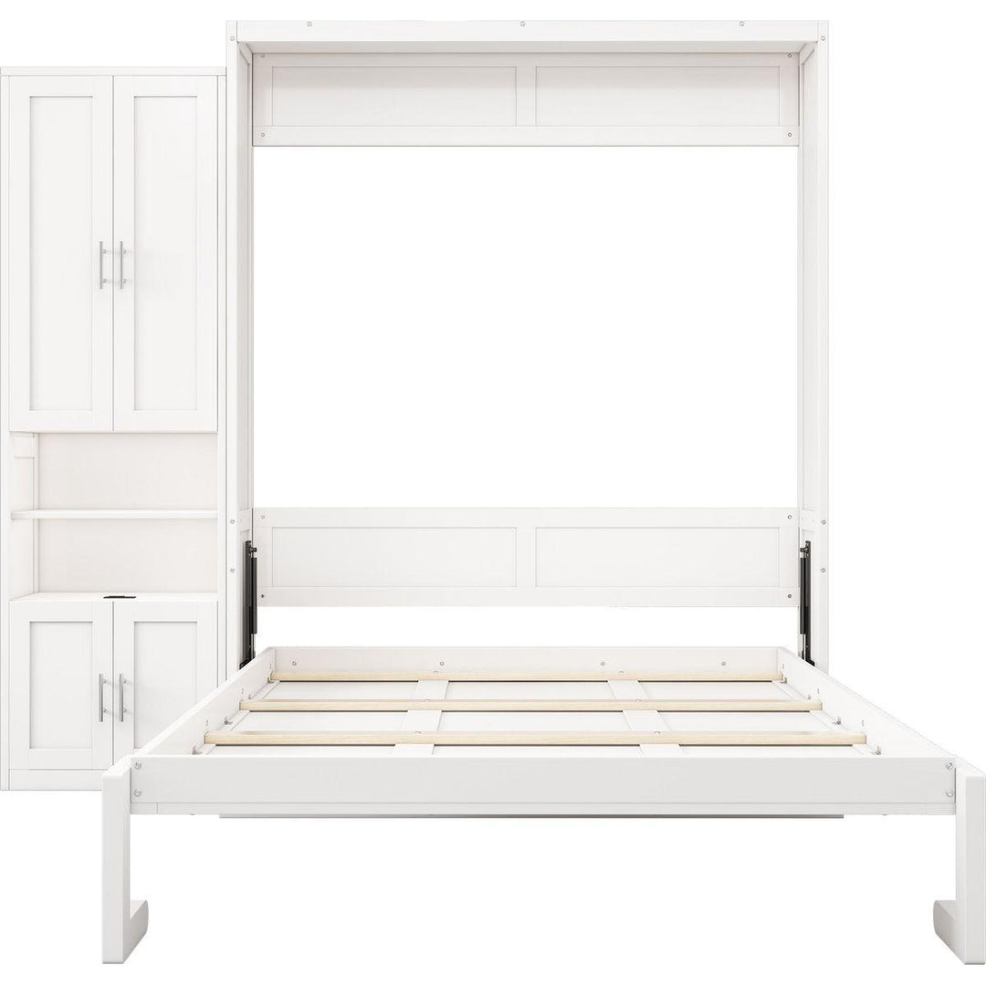 Queen Size Murphy Bed with 2 Side Cabinet Storage Shelves, 68-inch Cabinet Bed Folding Wall Bed with Desk Combo Perfect for Guest Room, Study, Office,White(old sku:BS7013008104C)