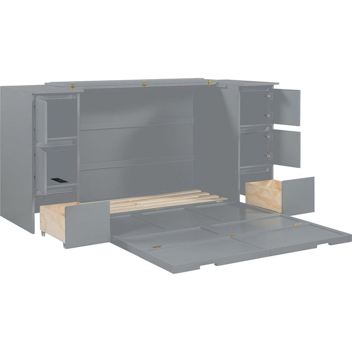 Full Size Murphy Bed with Drawers, Cabinets and USB Ports,Gray