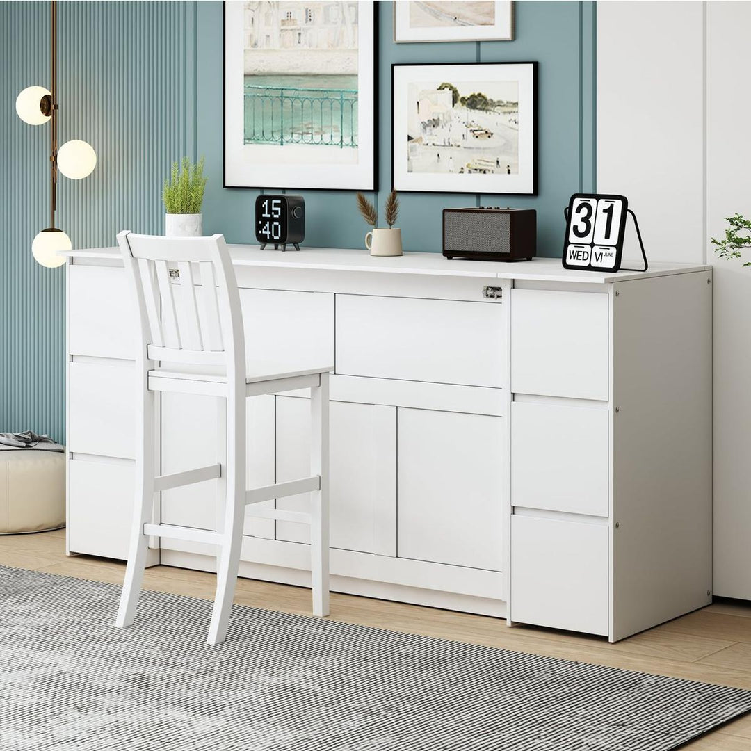 Full Size Murphy Bed with Drawers, Cabinets and USB Ports,White
