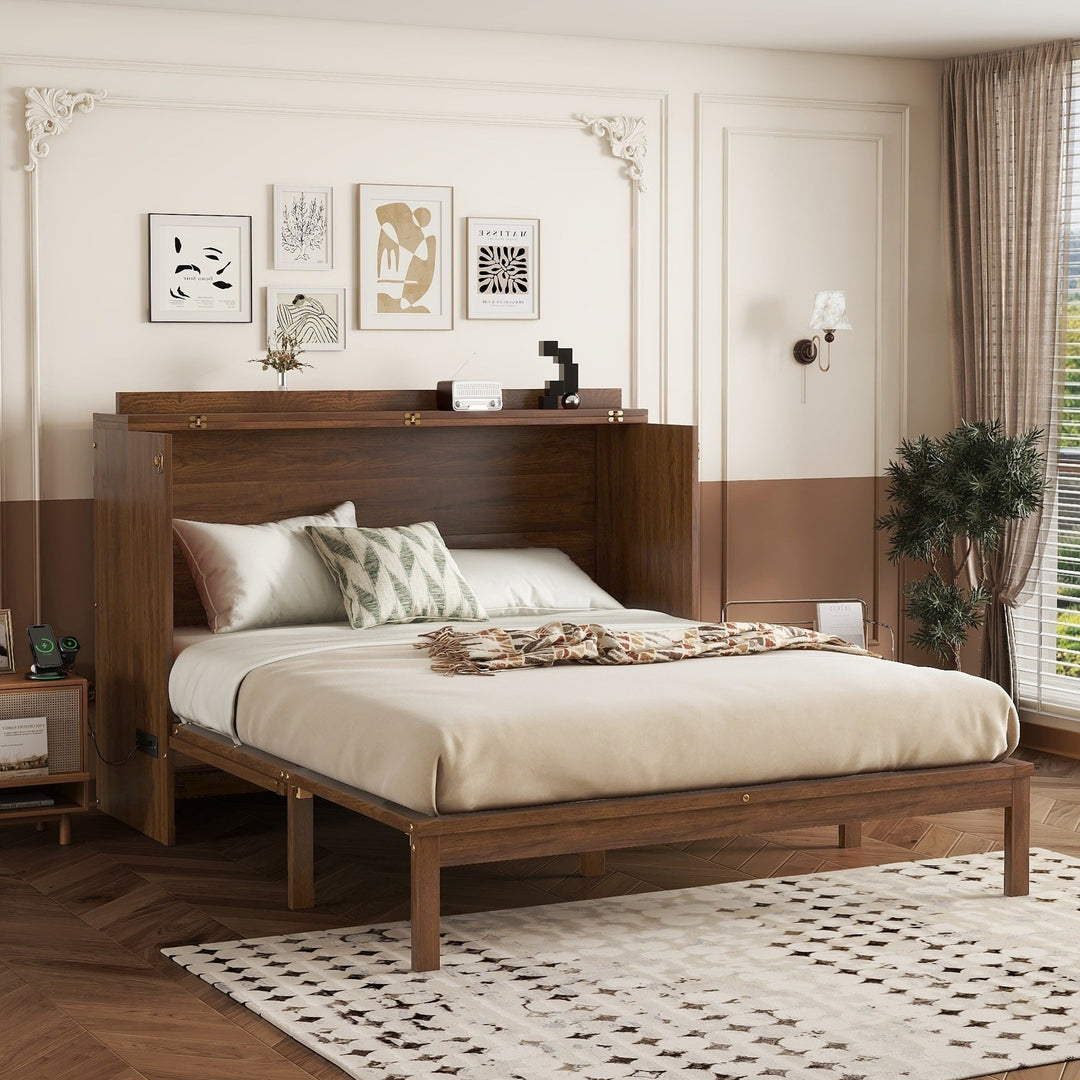 Queen Size Murphy Bed, Pine Wood Cabinet Bed with Power Station and Rattan Decoration Panel,Walnut