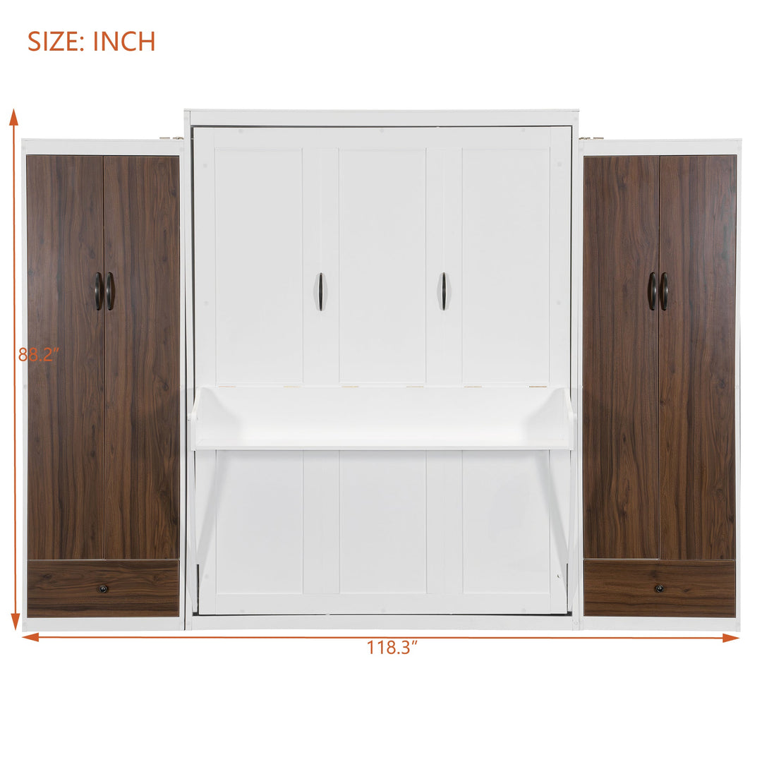 Queen Size Murphy Bed Wall Bed with Closet ,Drawers and Table,White