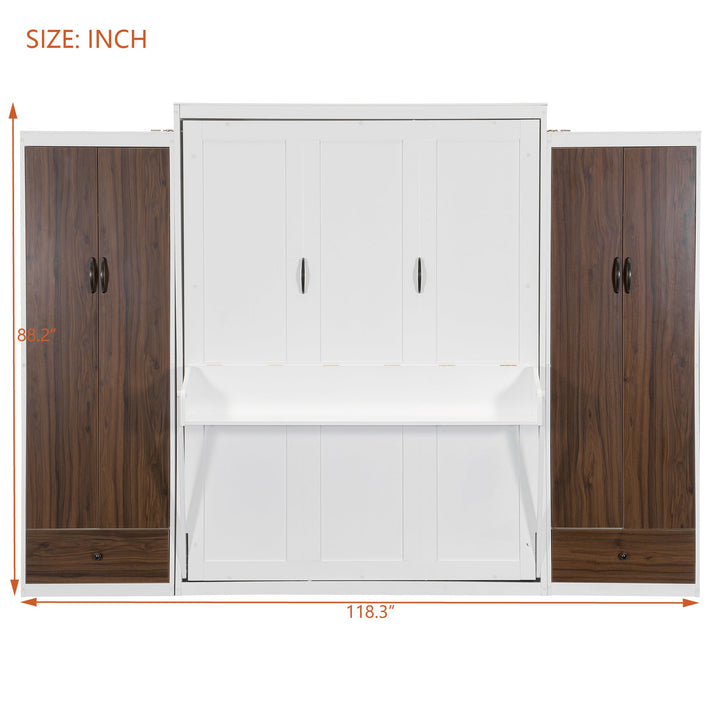 Queen Size Murphy Bed Wall Bed with Closet ,Drawers and Table,White